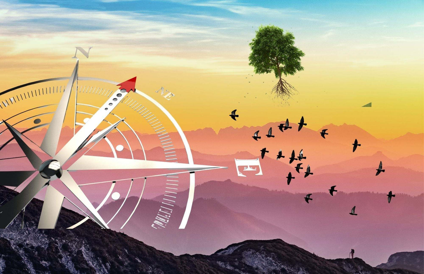 Compass pointing north with a floating tree heart-shaped above mountains and birds flying at sunrise symbolizing understanding your core values and personal direction