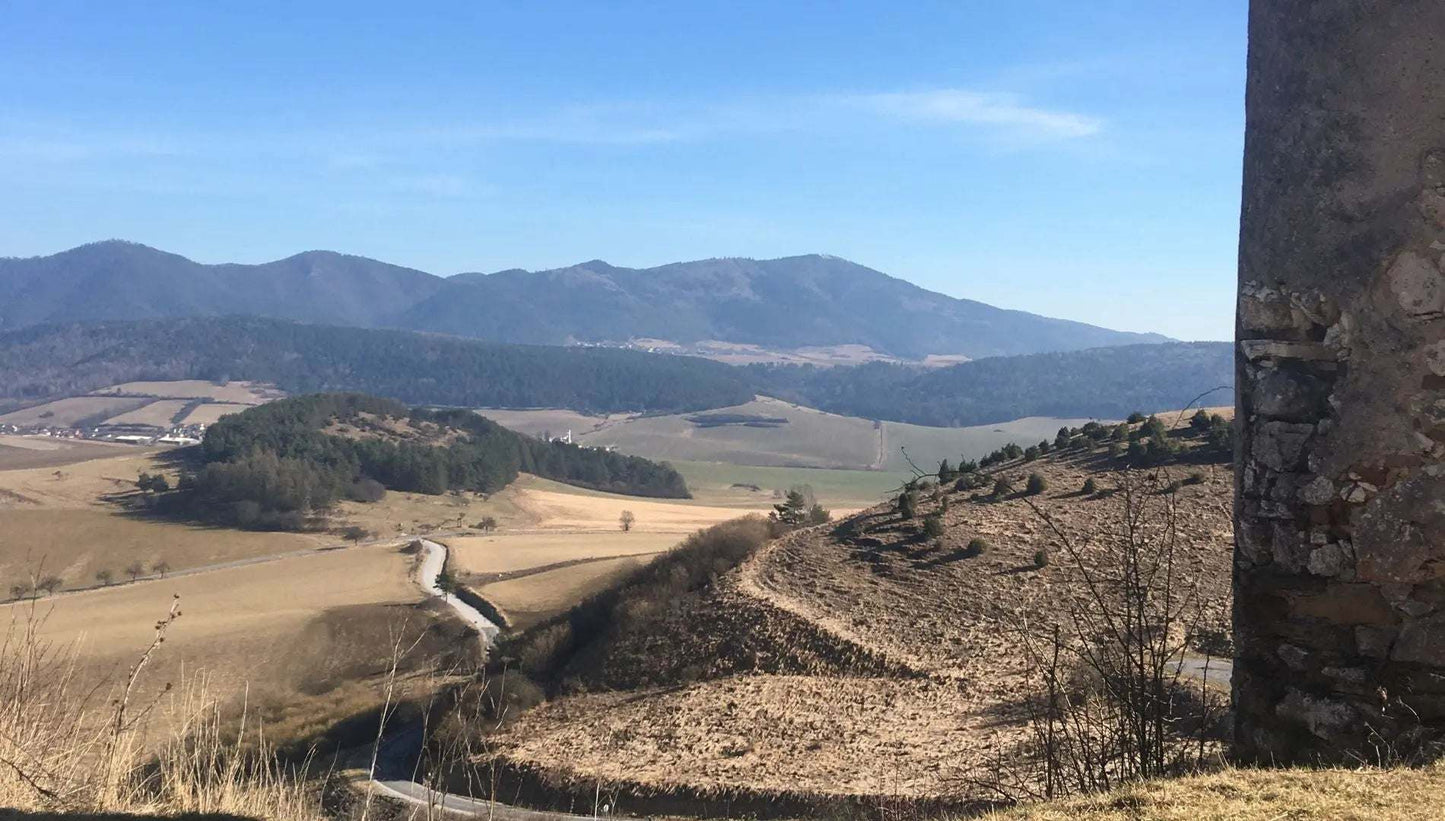 Scenic rural landscape with winding roads, dry grass hills, forest patches, and distant mountains under a clear blue sky.