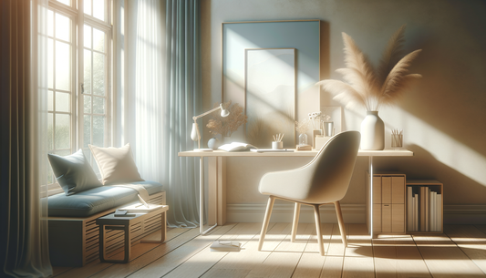 a calm workspace with soft lighting, earth tones, and an open notebook