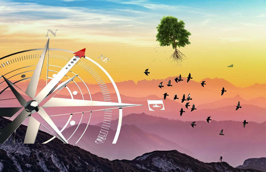 Compass pointing north with a floating tree heart-shaped above mountains and birds flying at sunrise symbolizing understanding your core values and personal direction