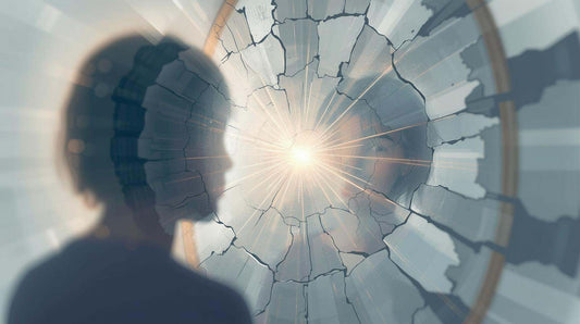 Silhouette of person looking into shattered mirror with glowing light at the center symbolizing identifying and breaking limiting beliefs